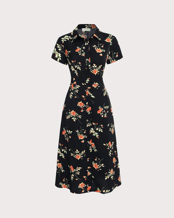 Glória - Robe Midi Noire Fleurie