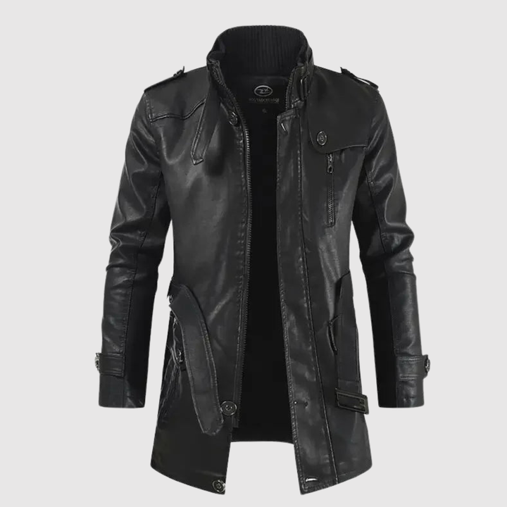 Dorian – Long manteau en cuir avec col haut