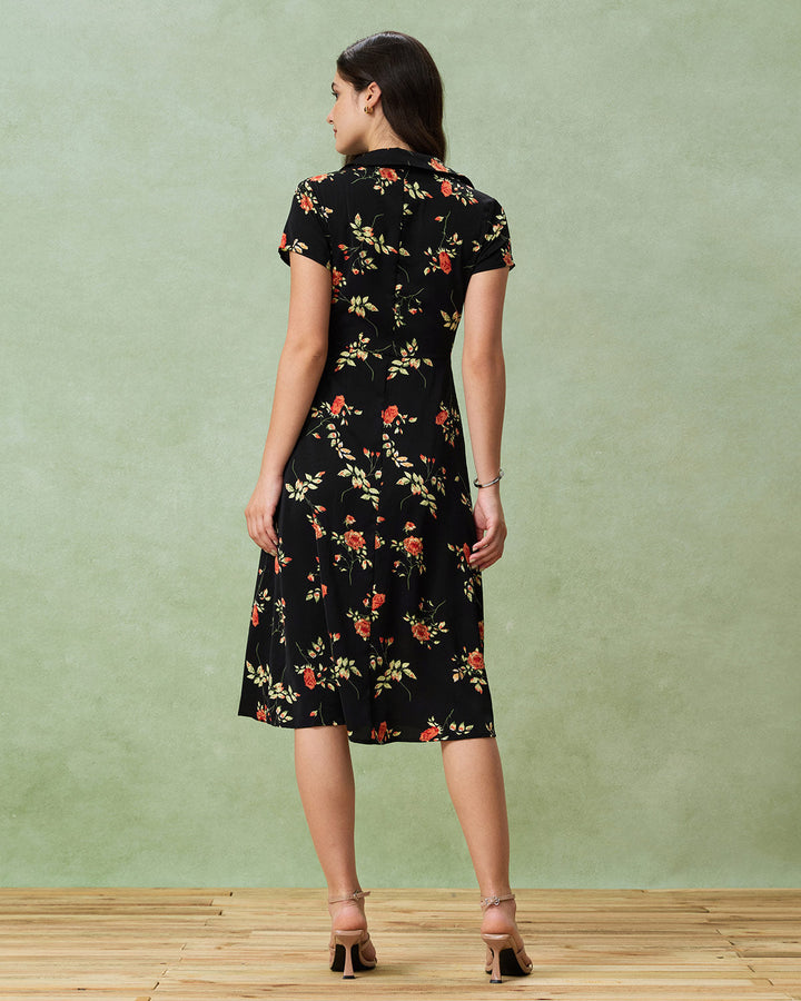 Glória - Robe Midi Noire Fleurie