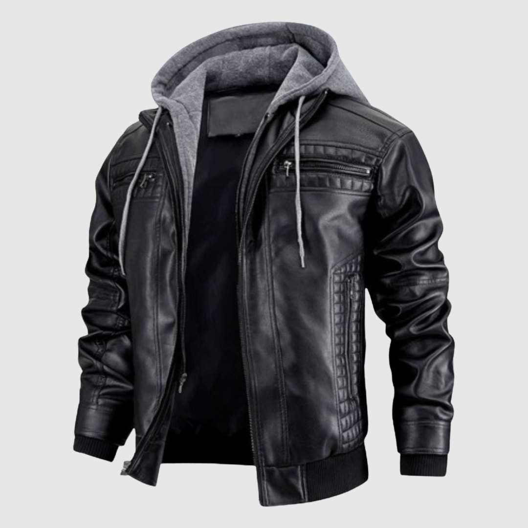 Dorian – Veste en cuir avec capuche et accent sportif