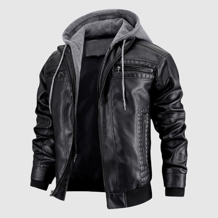 Dorian – Veste en cuir avec capuche et accent sportif