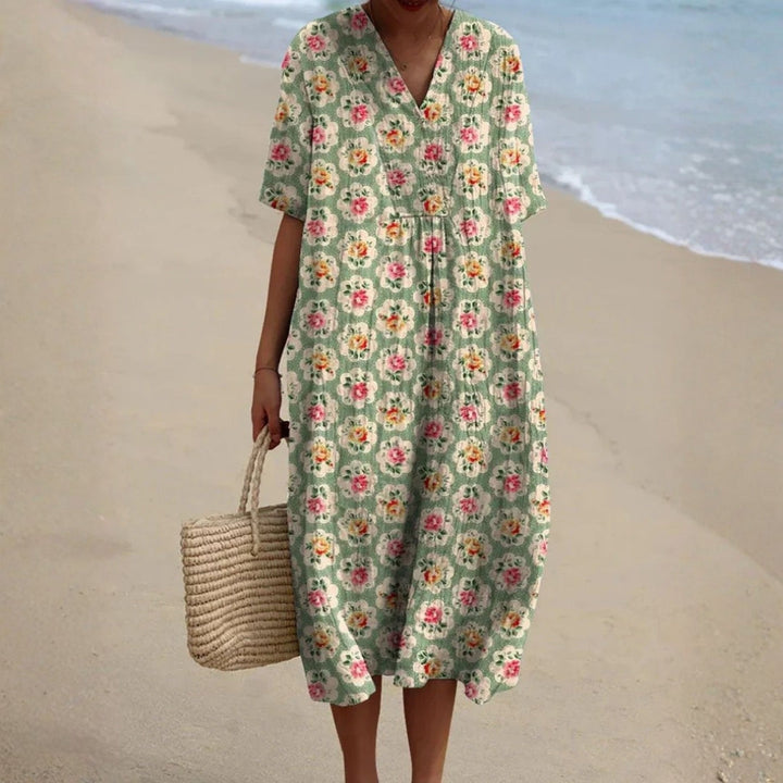 Eulállia - Robe Fleurie Rétro en Vert Eau