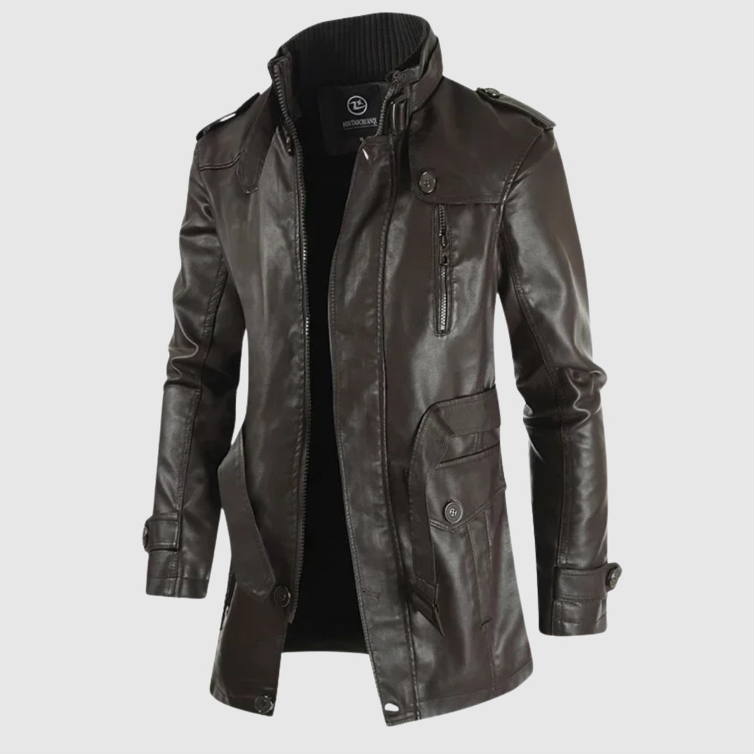Dorian – Long manteau en cuir avec col haut