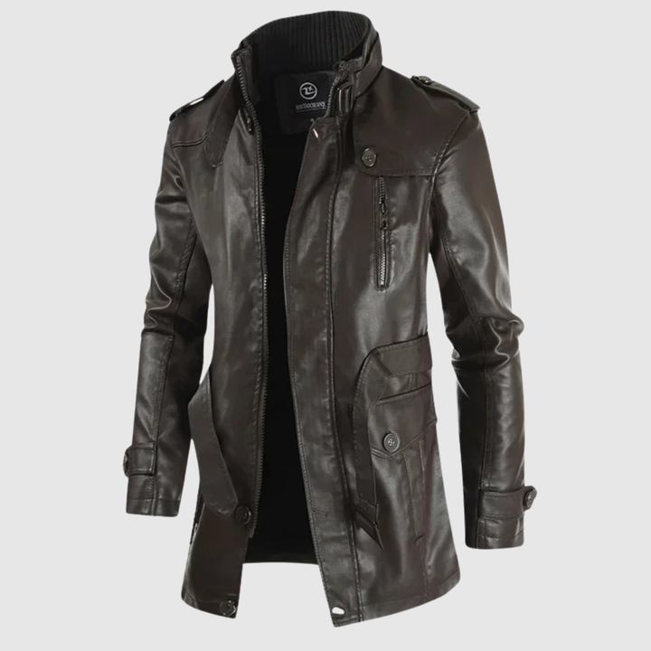 Dorian – Long manteau en cuir avec col haut