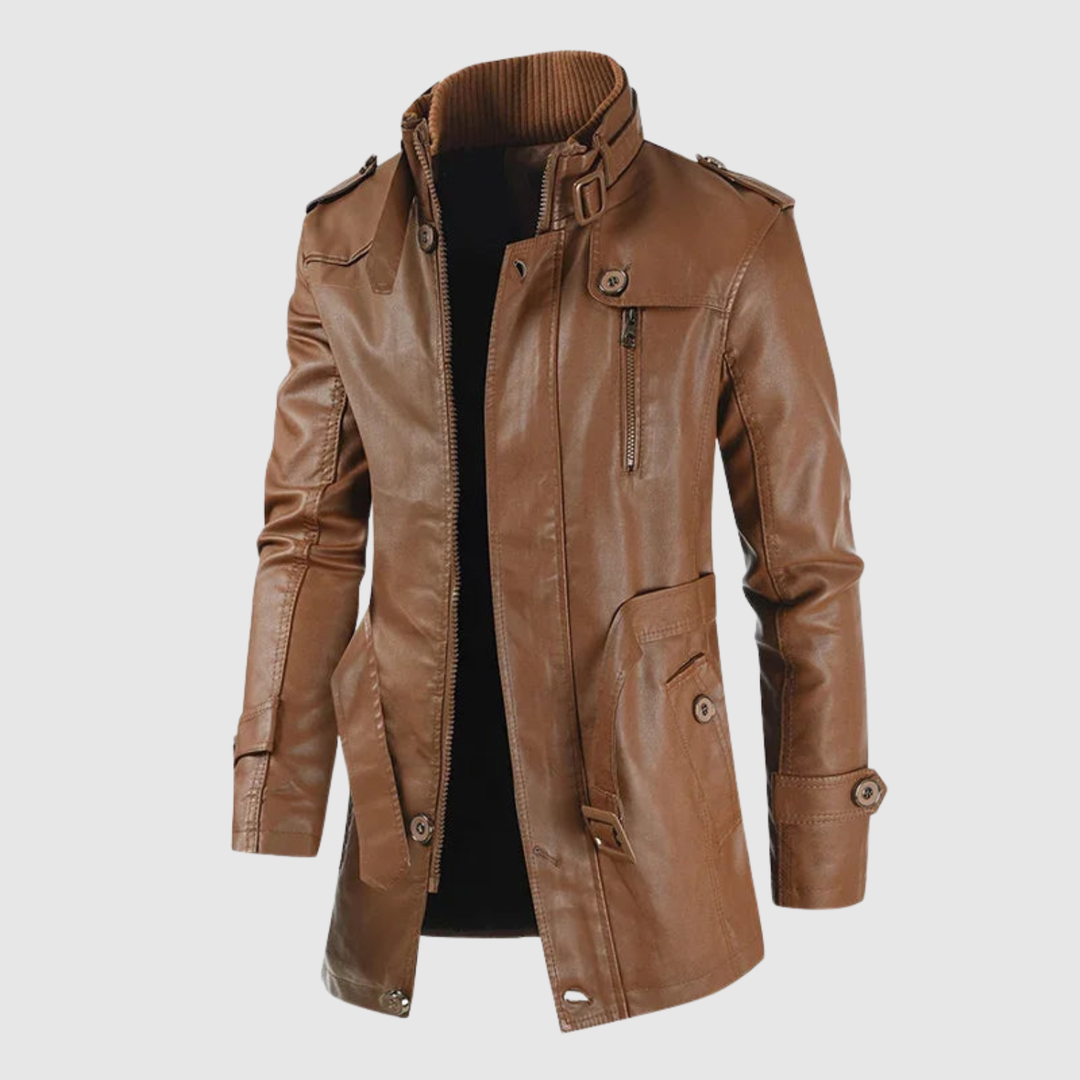 Dorian – Long manteau en cuir avec col haut