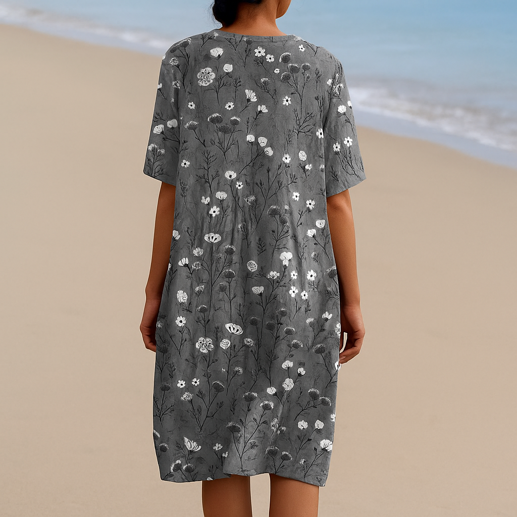 Maria - Robe Florale en Charbon avec Accents Blancs