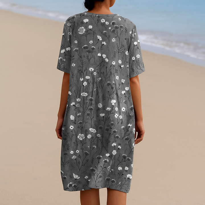 Maria - Robe Florale en Charbon avec Accents Blancs
