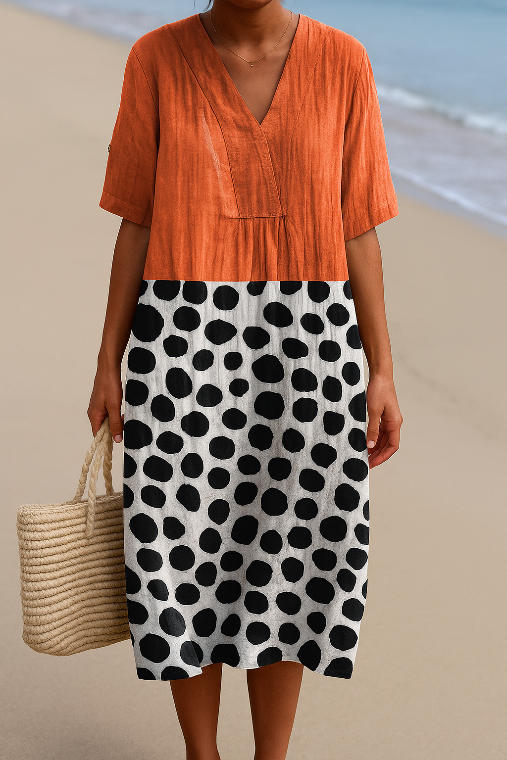 Pénélope - Robe Orange avec Points Contrastants