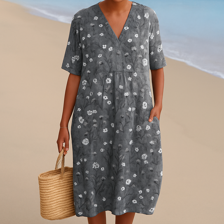 Maria - Robe Florale en Charbon avec Accents Blancs
