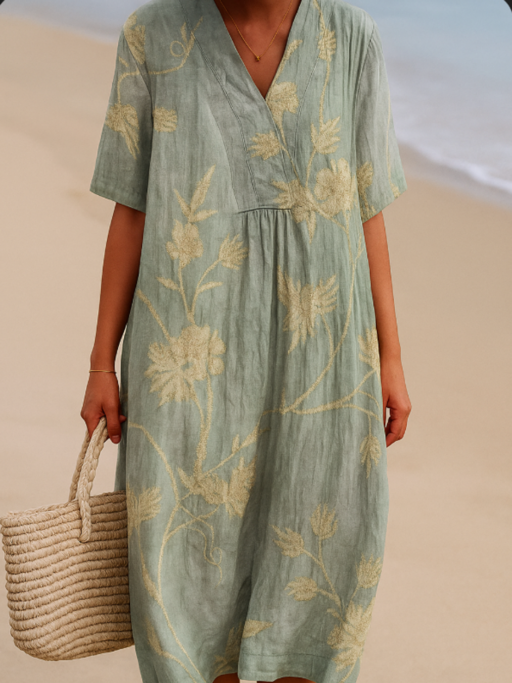 Clementina - Robe Bleu-Gris avec Broderie Florale