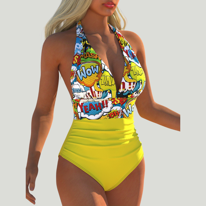 Bernadette - Maillot de bain avec encolure halter, imprimé pop-art et plis