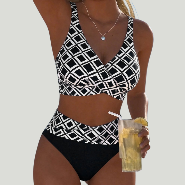 Yvonne - Bikini avec top croisé et imprimé géométrique