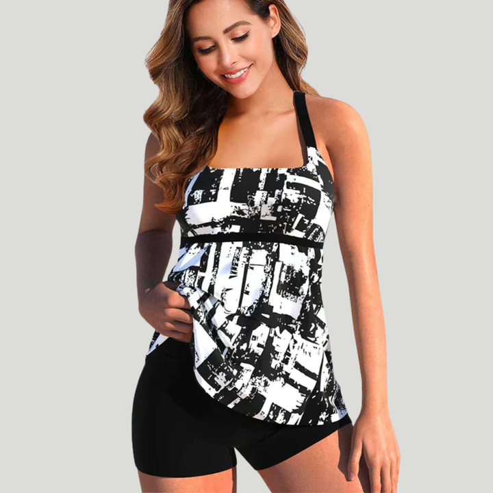 Ines - Tankini avec short en imprimé urbain abstrait