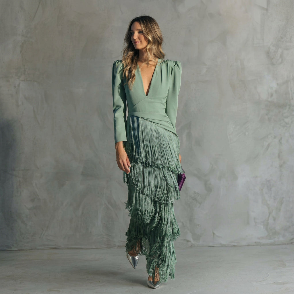 Gabriela - Robe Longue à Franges avec Décolleté en V