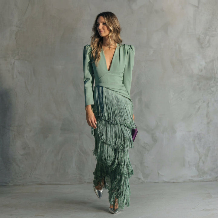 Gabriela - Robe Longue à Franges avec Décolleté en V