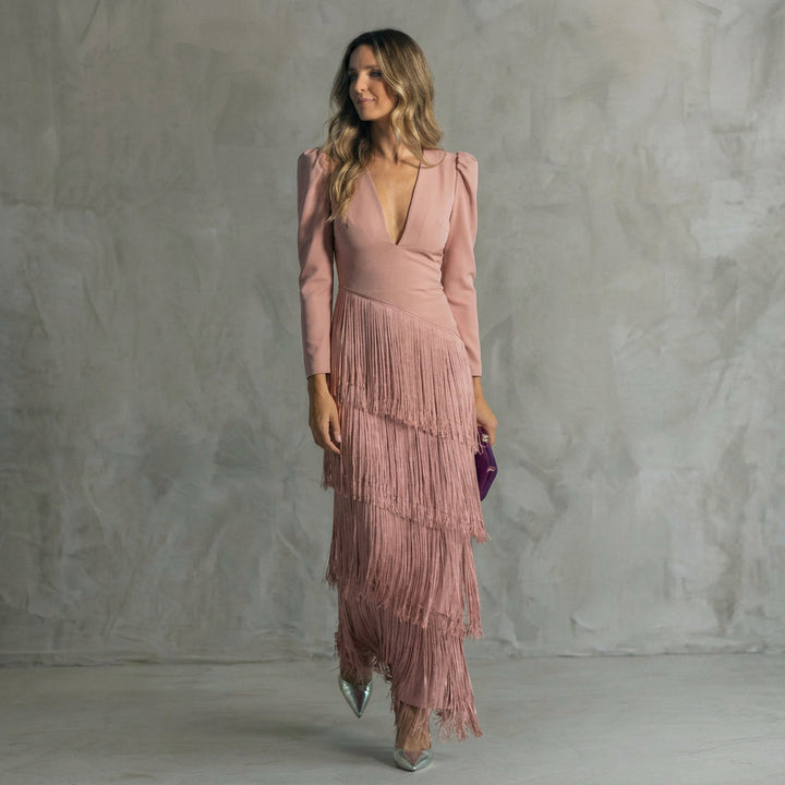 Gabriela - Robe Longue à Franges avec Décolleté en V