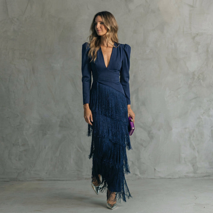 Gabriela - Robe Longue à Franges avec Décolleté en V