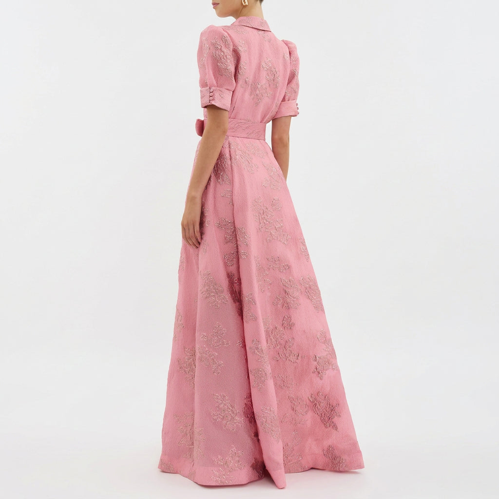 Matilde - Robe Longue en Jacquard Floral avec Ceinture