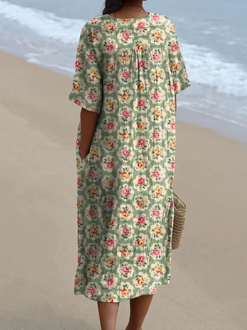 Eulállia - Robe Fleurie Rétro en Vert Eau