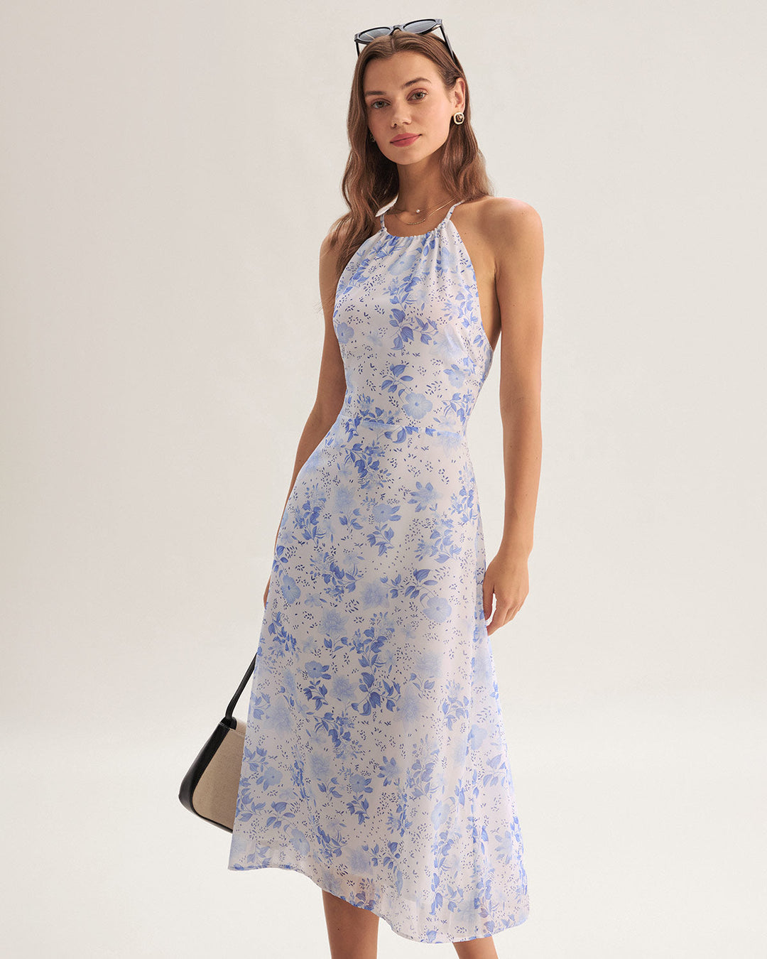 Clarice - Robe Midi Bleue Fleurie
