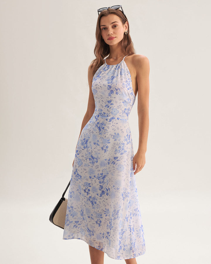 Clarice - Robe Midi Bleue Fleurie