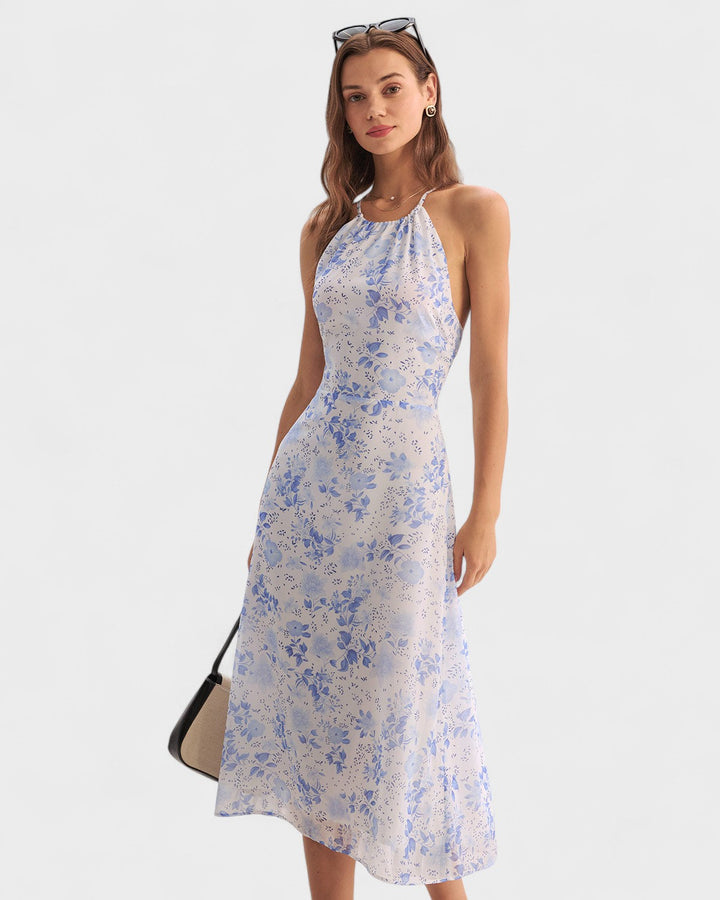Clarice - Robe Midi Bleue Fleurie