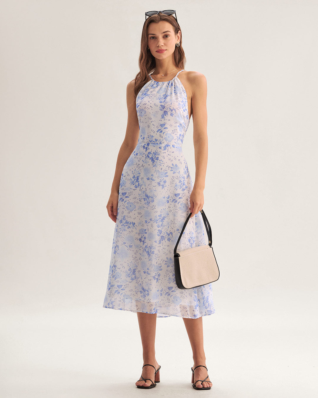 Clarice - Robe Midi Bleue Fleurie