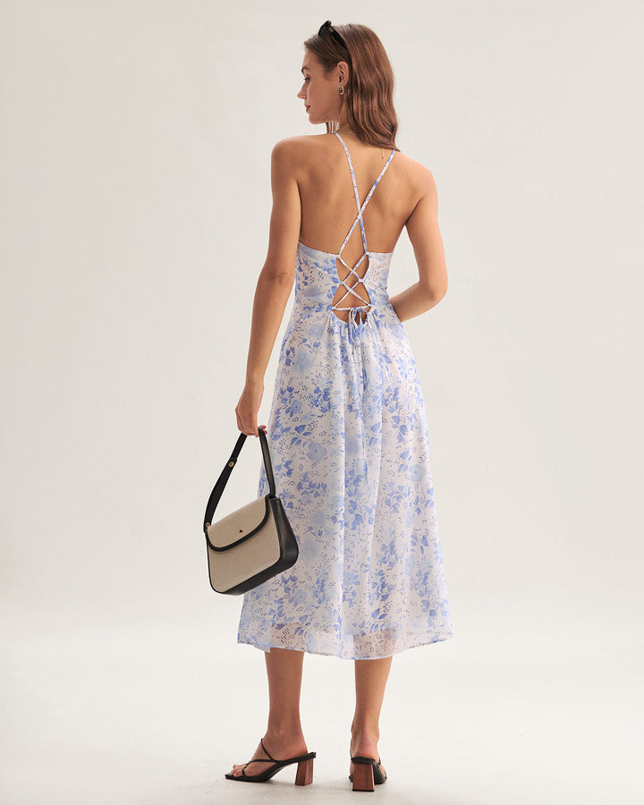 Clarice - Robe Midi Bleue Fleurie